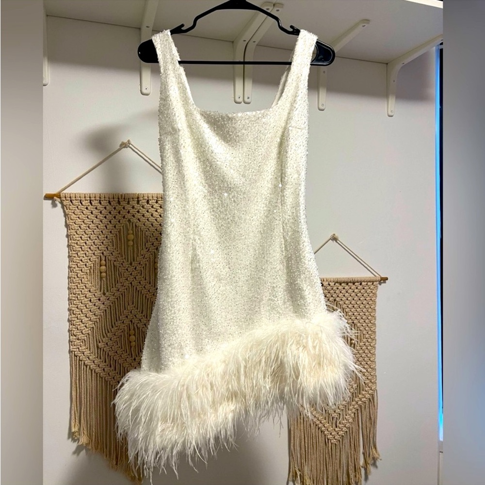 Nadine Merabi Evie white feather dress